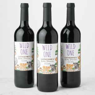 WILD ONE Jungle Safari Animal Baby Shower  Wine Label