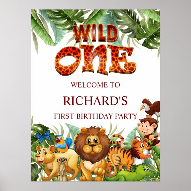 Wild One Jungle Safari Animal Birthday Welcome Poster (Front)