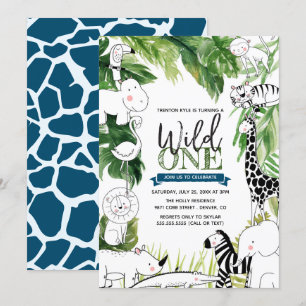 Wild One Jungle Safari Animal Boys First Birthday Invitation
