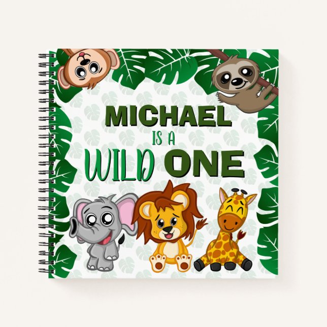 Wild One Jungle Safari Animal First Birthday Guest Notebook (Front)