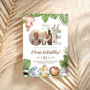 Wild One Jungle Safari Animal  Photo 1st Birthday Invitation