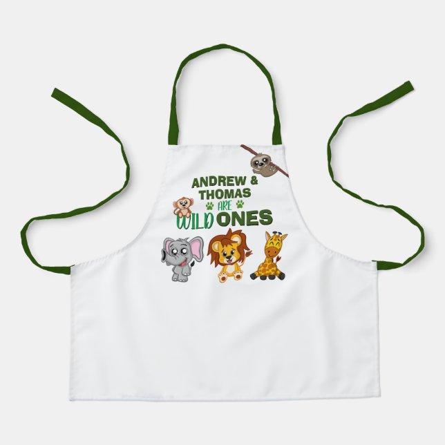 Wild One Jungle Safari Animal Twins First Birthday Apron (Front)