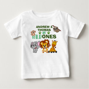 Wild One Jungle Safari Animal Twins First Birthday Baby T-Shirt