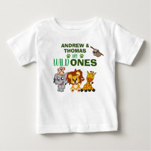 Wild One Jungle Safari Animal Twins First Birthday Baby T-Shirt