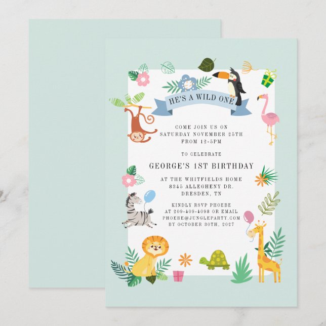 Wild One Jungle Safari Animals 1st Birthday Invitation (Front/Back)