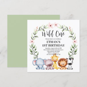Wild One Jungle Safari Animals 1st Birthday Invitation