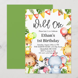 Wild One Jungle Safari Animals 1st Birthday Party Invitation