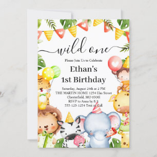 Wild One Jungle Safari Animals 1st Birthday Party  Invitation
