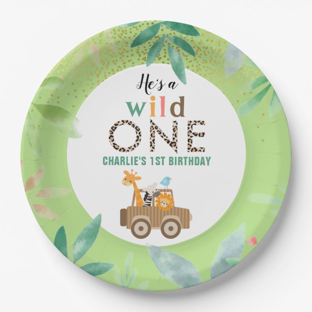 Wild One Jungle Safari Animals 1st Birthday Party  Paper Plate (Front)