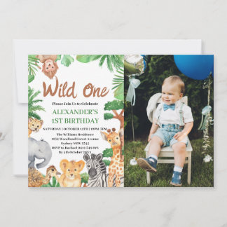 Wild One Jungle Safari Animals 1st Birthday Photo Invitation