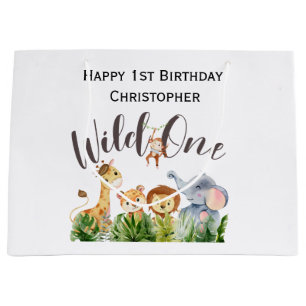 Wild One Jungle Safari Animals 1st First Birthday  Large Gift Bag