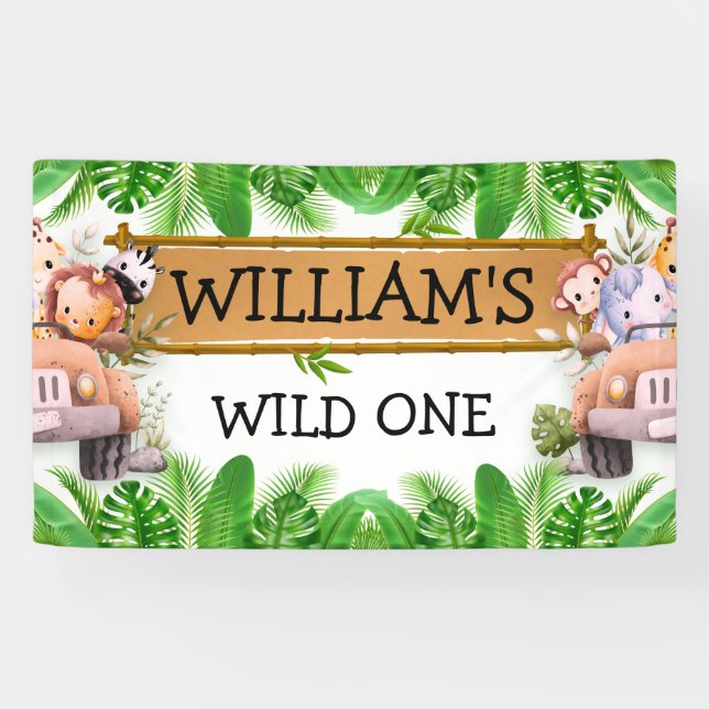 Wild One JUNGLE Safari Animals Birthday Banner (Horizontal)