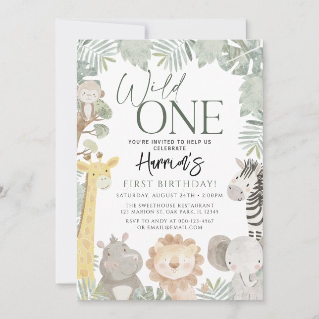 Wild One Jungle Safari Animals Birthday  Invitation (Front)