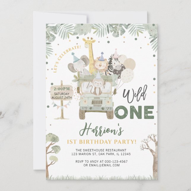 Wild One Jungle Safari Animals Birthday  Invitation (Front)