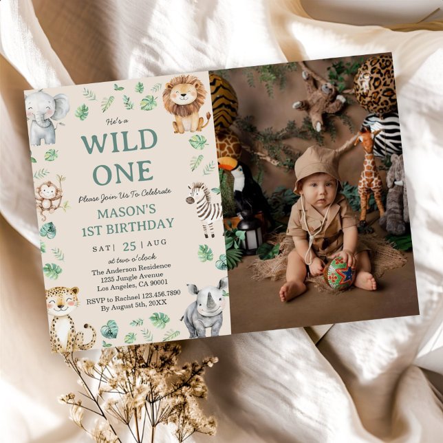 Wild One Jungle Safari Animals Birthday Photo Invitation (Creator Uploaded)