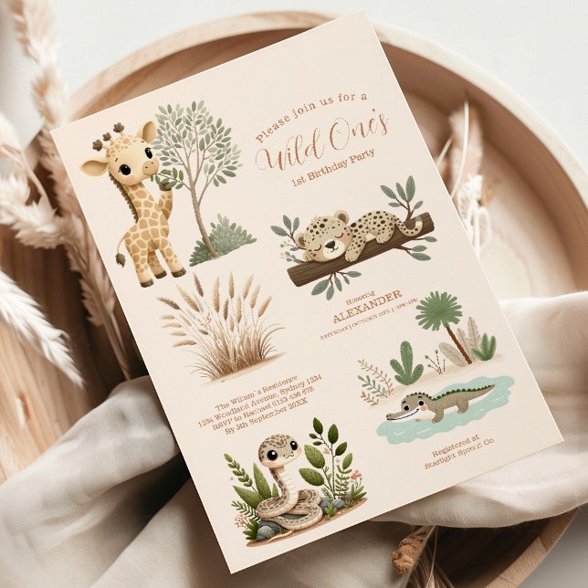 Wild One Jungle Safari Animals Boy 1st Birthday Invitation (Creator Uploaded)