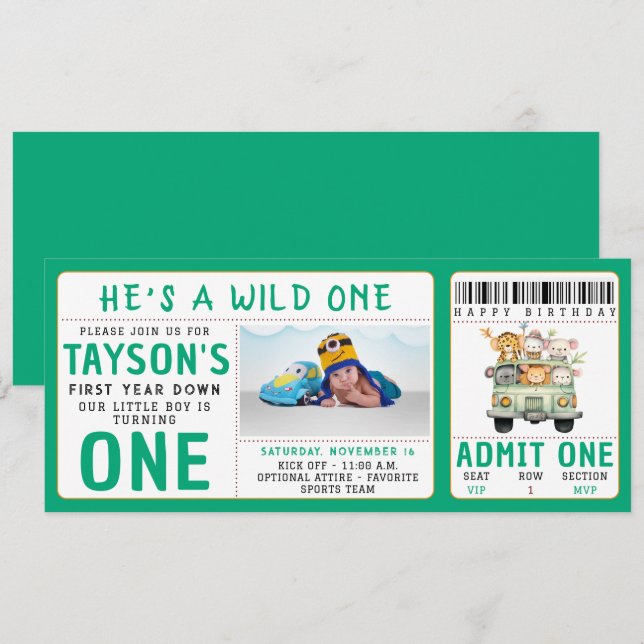 Wild One Jungle Safari Animals Boy 1st Birthday Invitation (Front/Back)