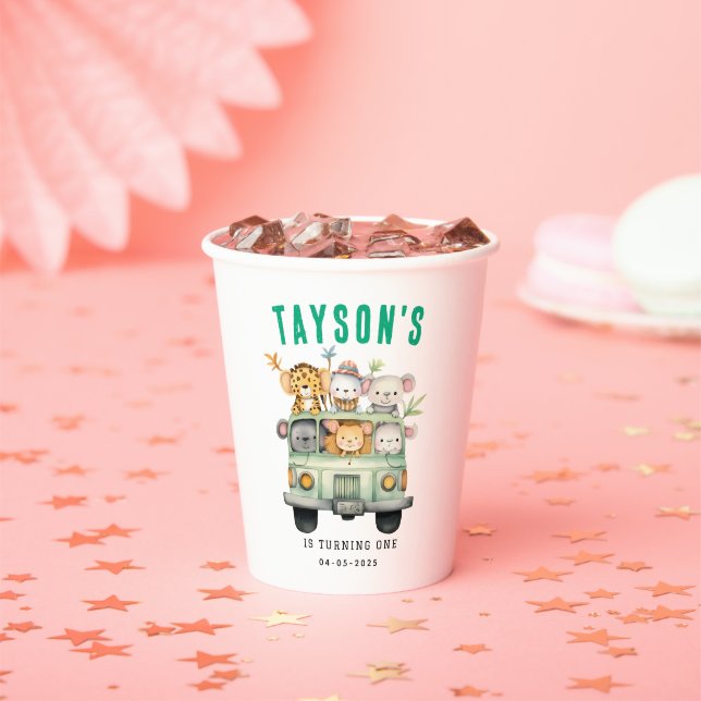 Wild One Jungle Safari Animals Boy 1st Birthday Paper Cups (Insitu)