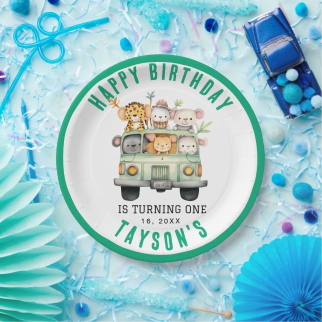 Wild One Jungle Safari Animals Boy 1st Birthday Paper Plate (Party)