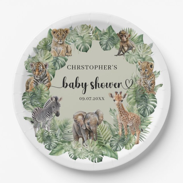 Wild One Jungle Safari Animals Boy Baby Shower  Paper Plate (Front)