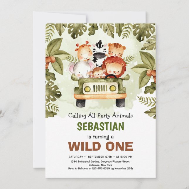 Wild One jungle safari animals driving a truck  Invitation (Front)