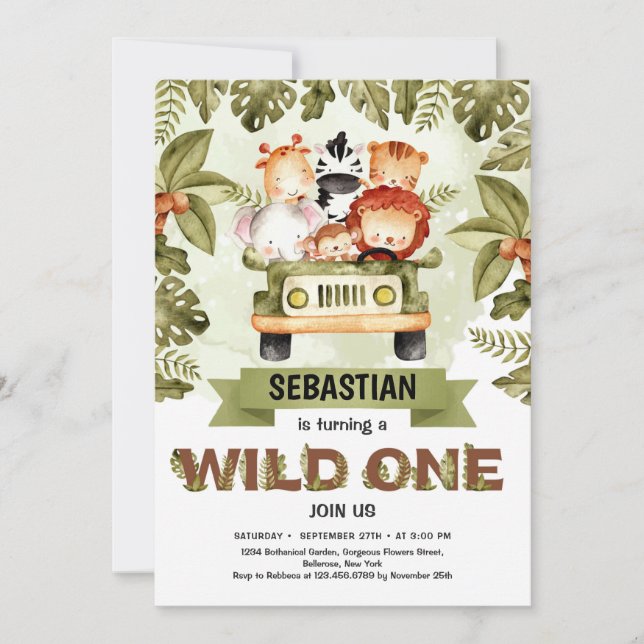Wild One jungle safari animals driving a truck  Invitation (Front)