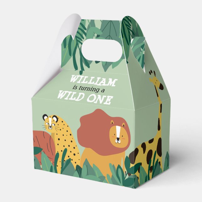 Wild One Jungle Safari Animals First Birthday Favour Box (Front Side)