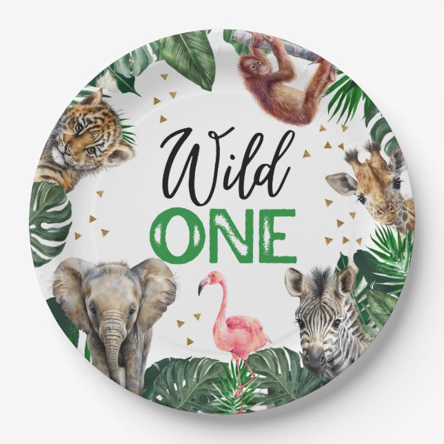 Wild One Jungle Safari Baby Boy 1st birthday Paper Plate (Front)