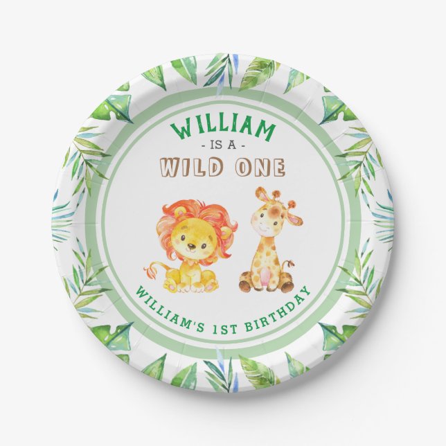 Wild One Jungle Safari Baby Boy 1st Birthday Party Paper Plate (Front)