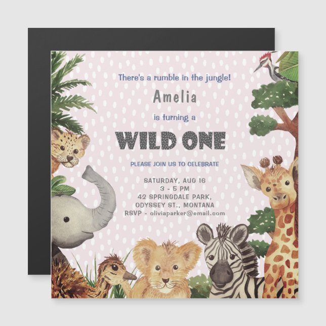 Wild One Jungle Safari Baby Girl Birthday Party Magnetic Invitation (Front/Back)