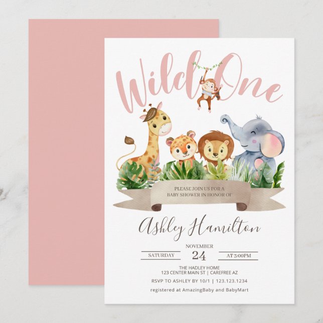 Wild One Jungle Safari Baby Shower Invitation (Front/Back)