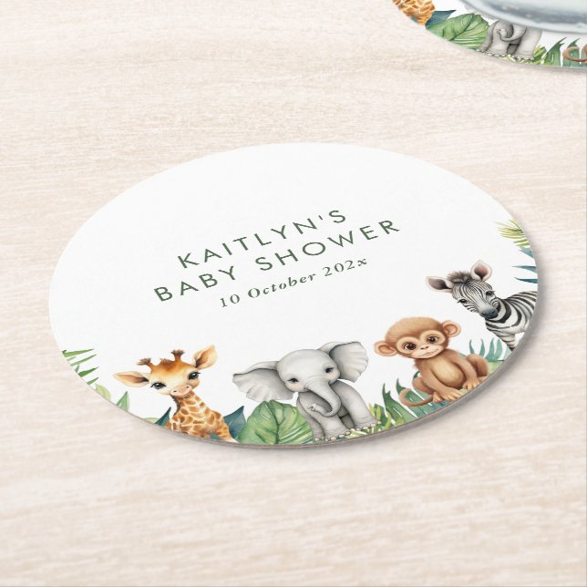 Wild One Jungle Safari Baby Shower Round Paper Coaster (Angled)