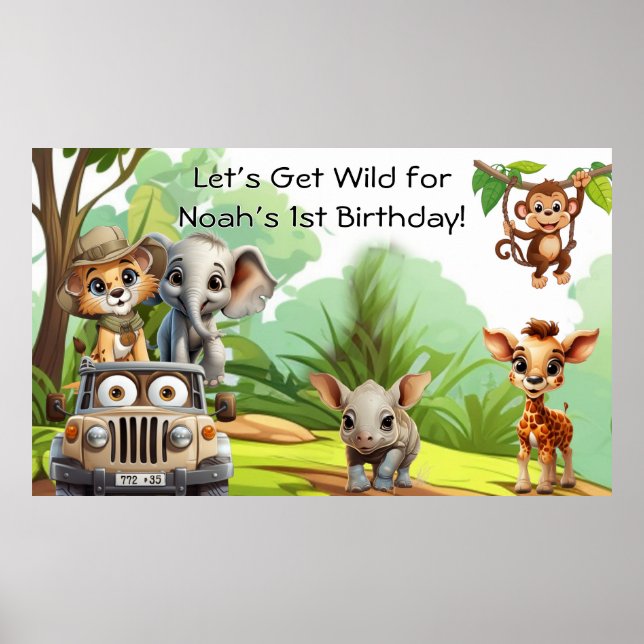 Wild One Jungle Safari Birthday Banner – 1st Birth Poster (Front)
