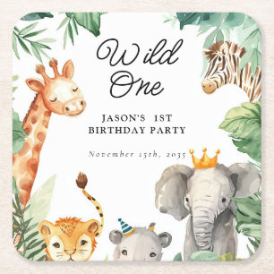 Wild One Jungle Safari Birthday Square Paper Coaster