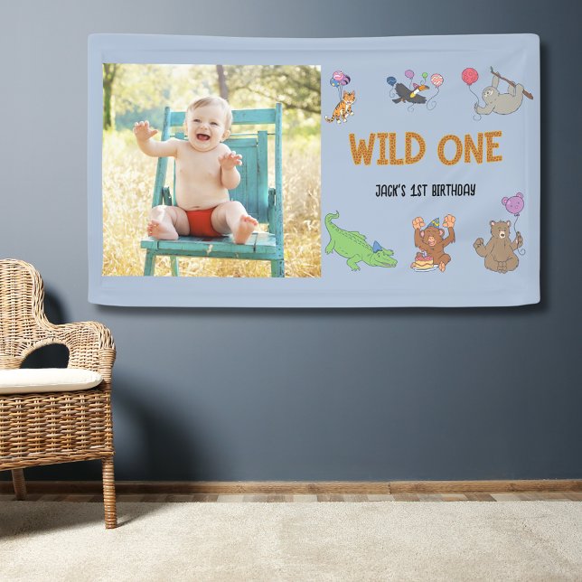 Wild One Jungle Safari Blue 1st Birthday Banner (Wild one 1st birthday banner in blue with jungle safari theme. Includes photo template.)