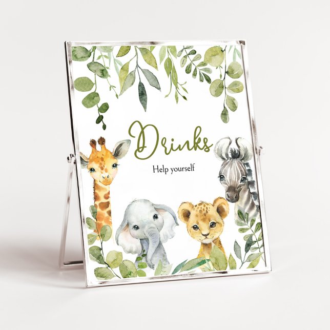 Wild One Jungle Safari Drinks Poster (Greenery Animals Baby Shower  Drinks Sign)