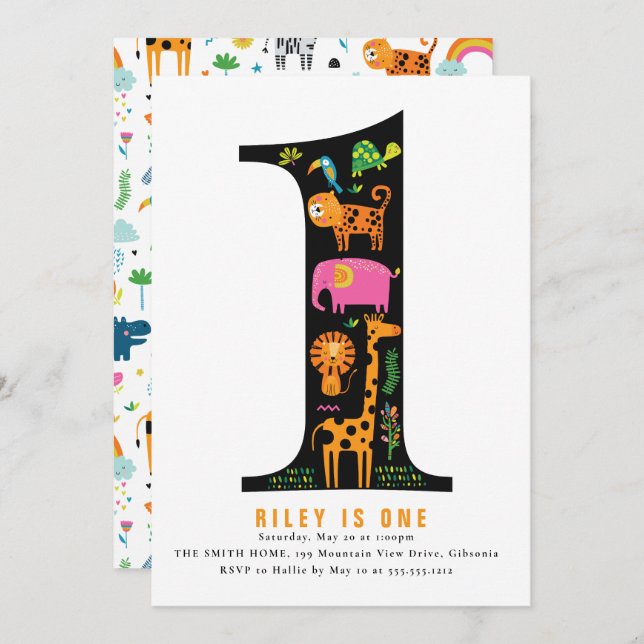 Wild One Jungle Safari First Birthday Invitation (Front/Back)