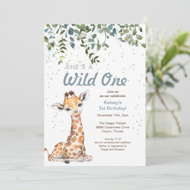 Wild One Jungle Safari Giraffe 1st Birthday Party Invitation (Standing Front)