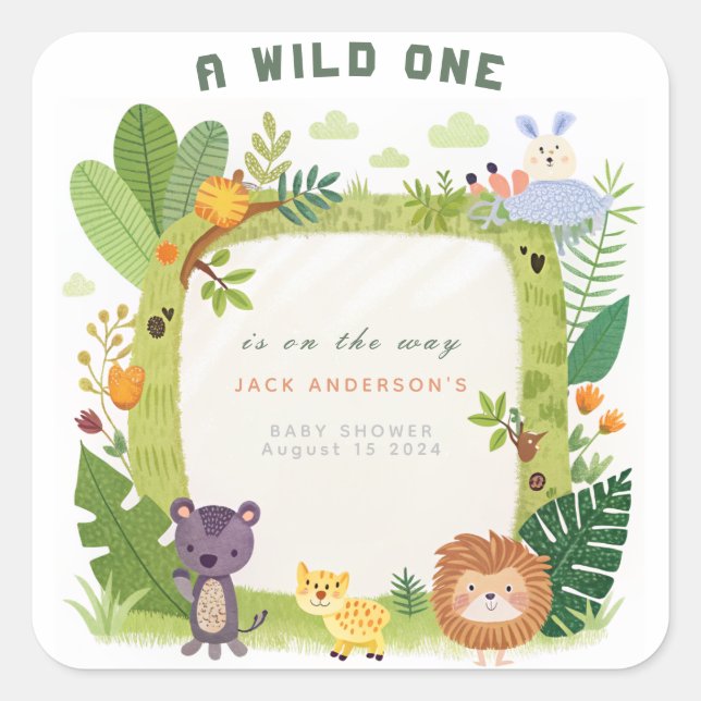 Wild One Jungle Safari Green Baby Boy Baby Shower Square Sticker (Front)