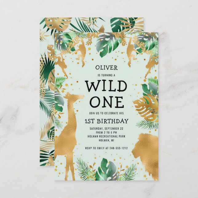 Wild One Jungle Safari Green Gold 1st Birthday Invitation (Front/Back)