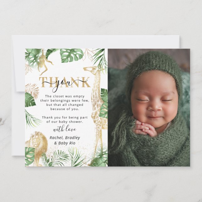 Wild One Jungle Safari Greenery Baby Shower Photo Thank You Card (Front)