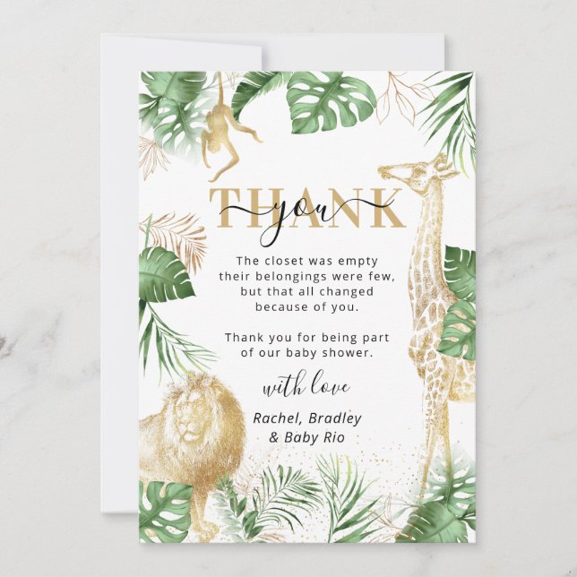 Wild One Jungle Safari Greenery Baby Shower Thank You Card (Front)