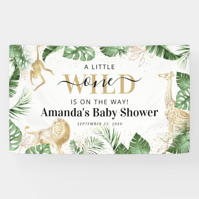 Wild One Jungle Safari Greenery & Gold Baby Shower Banner (Horizontal)