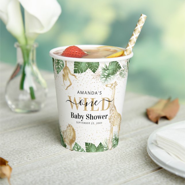 Wild One Jungle Safari Greenery & Gold Baby Shower Paper Cups (Insitu)