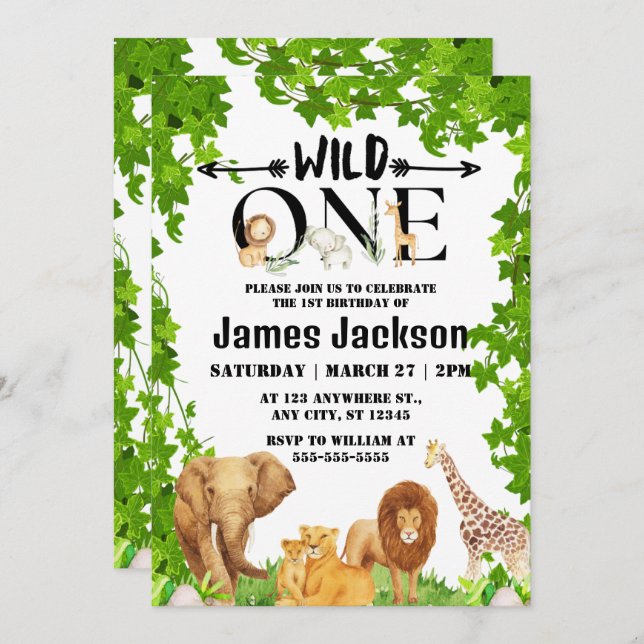  Wild One Jungle Safari Kids Themed 1st Birthday Invitation (Front/Back)