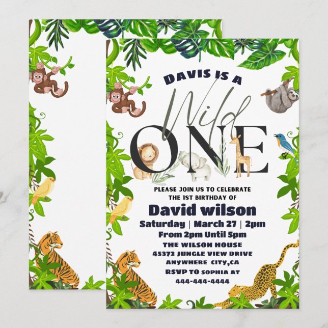 Wild One Jungle Safari Kids Themed 1st Birthday  Invitation (Front/Back)