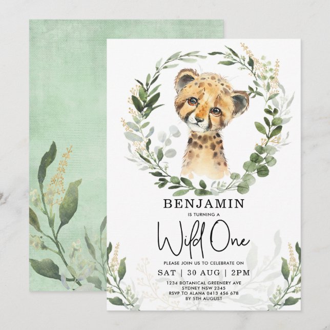 Wild One Jungle Safari Leopard Boy 1st Birthday Invitation (Front/Back)