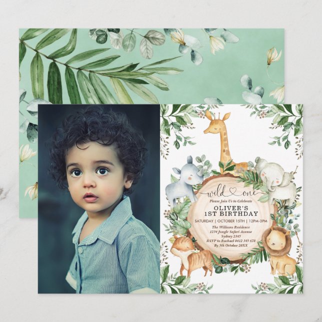 Wild One Jungle Safari Party Animals 1st Birthday Invitation (Front/Back)