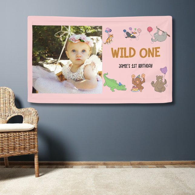 Wild One Jungle Safari Pink 1st Birthday Banner (1st Birthday party wall banner in pink with with wild one jungle safari theme. Add a photo.)