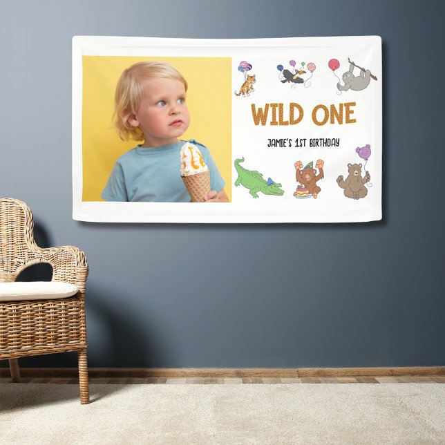Wild One Jungle Safari Theme 1st Birthday Banner (Wild one party wall banner. 1st birthday jungle safari theme with photo.)